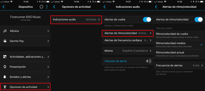 Indicaciones de audio la aplicación Garmin Connect para dispositivos Garmin