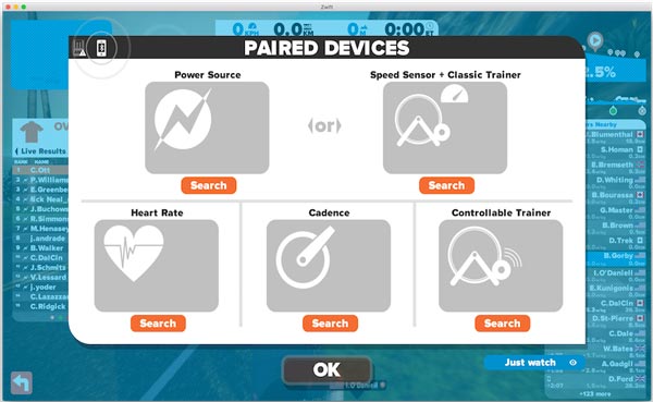 Panel de vinculación de dispositivos al Portal Zwift