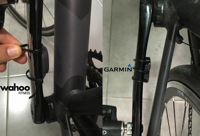 Colocación en biela del sensor de cadencia de Garmin y Wahoo para ciclismo.