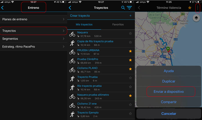 Enviar trayectos y rutas desde la app de Garmin Connect a un GPS de Garmin