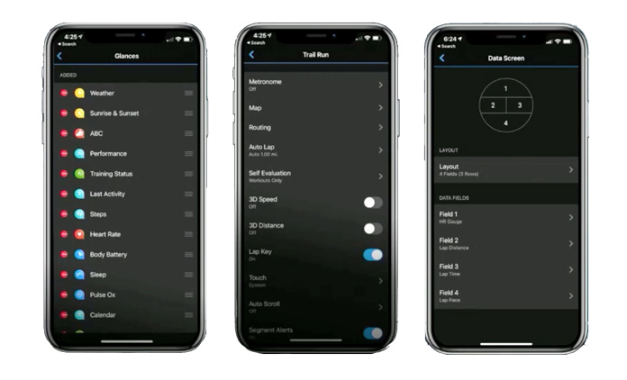 Menús y submenús de configuración de los perfiles deportivos desde la app de Garmin Connect. 